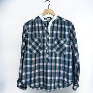 Vintage 90s Shapely Long Sleeve Blue & Purple Plaid Henley Pullover Shirt S